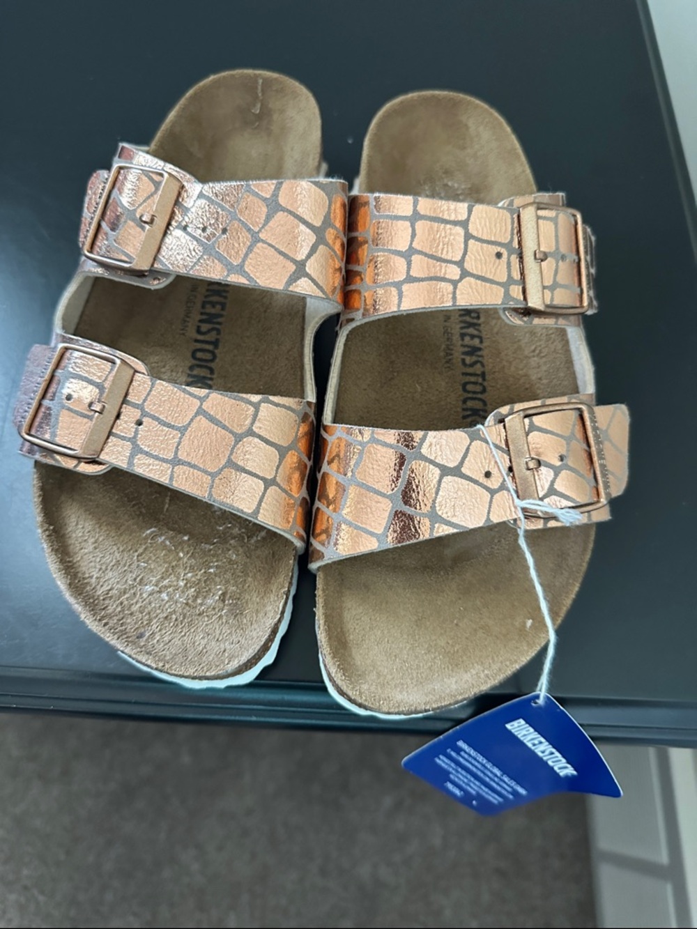 Birkenstock Kids Arizona Sandals in Metallic Rose Gold Croc Print